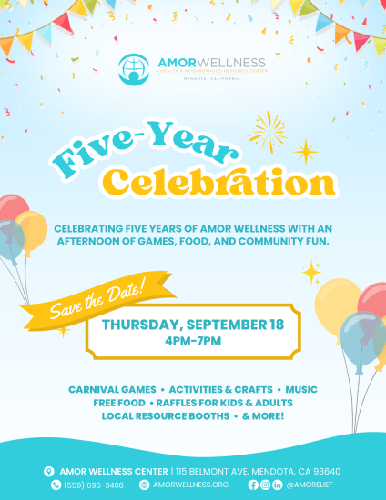AMOR Wellness Five-Year Celebration save the date flyer 1